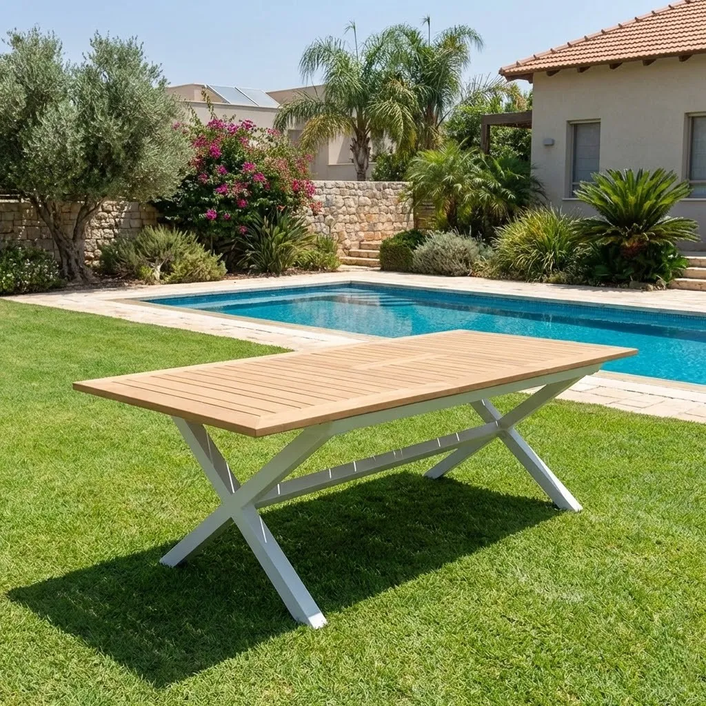 שולחן באלי לבן משטח דמוי עץ