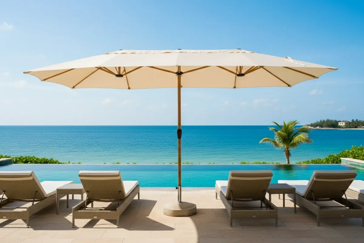 שמשיה כפולה דגם PLAYA בגודל 2.6X4.5 מטר בצבע קרם לגינה