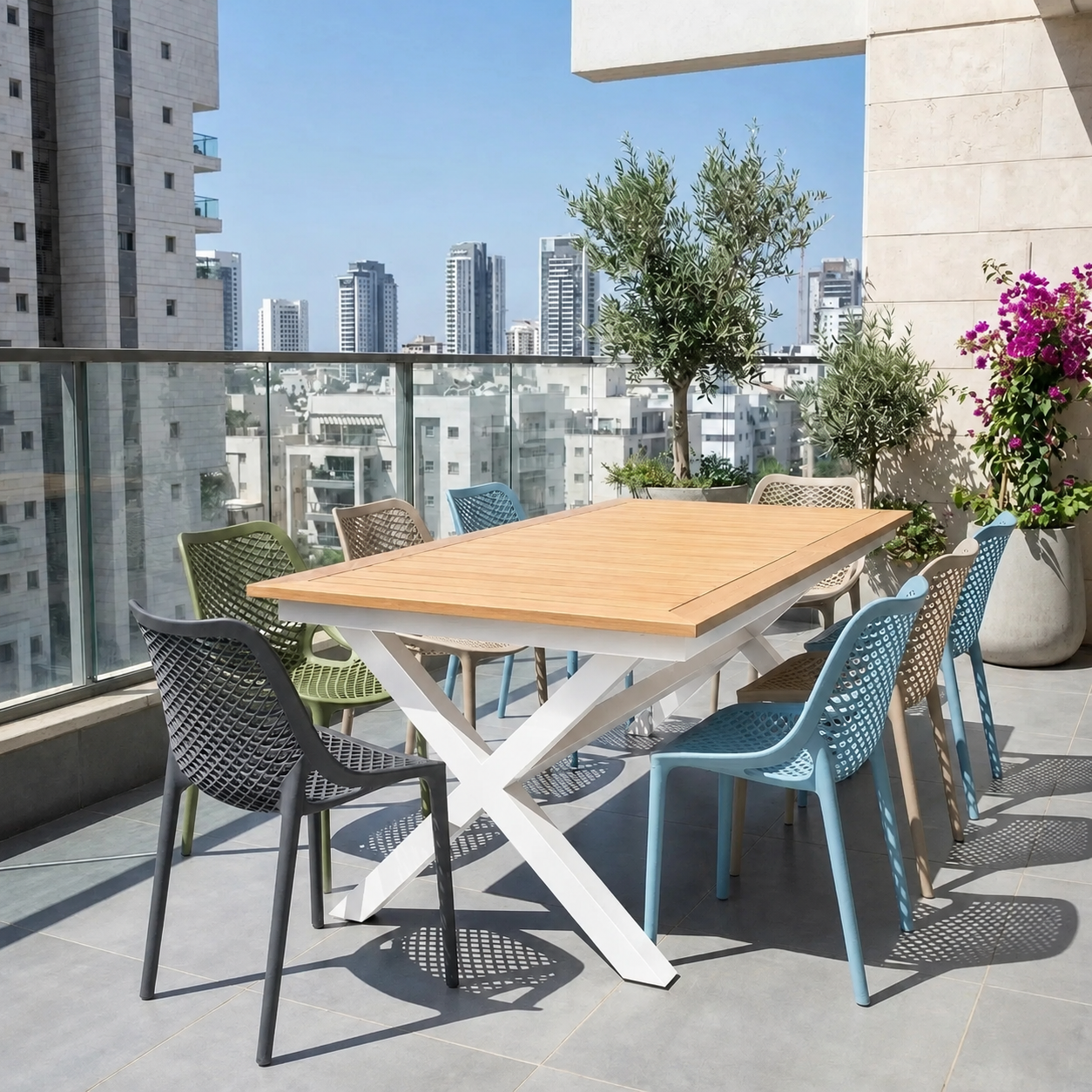 פינת אוכל באלי דמוי עץ צבע לבן + 6 כיסאות לבחירה