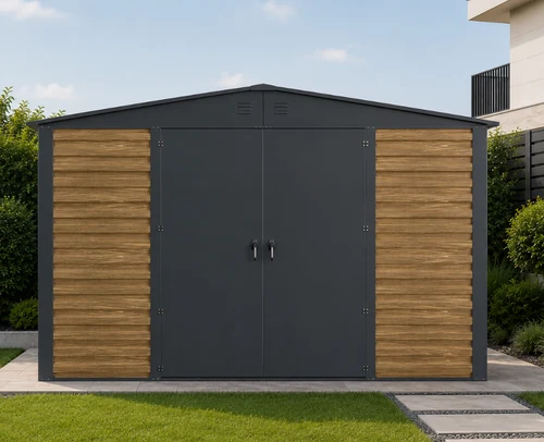 מחסן מתכת פרמיום Garden Top דגם DZ8 בגודל 3.00×3.60 מ׳ — מבט חזית בגינה